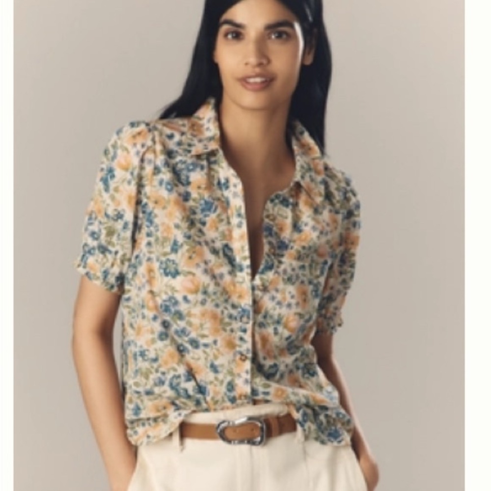 Pilcro Floral Button Down Shirt - Blue, Orange, Green